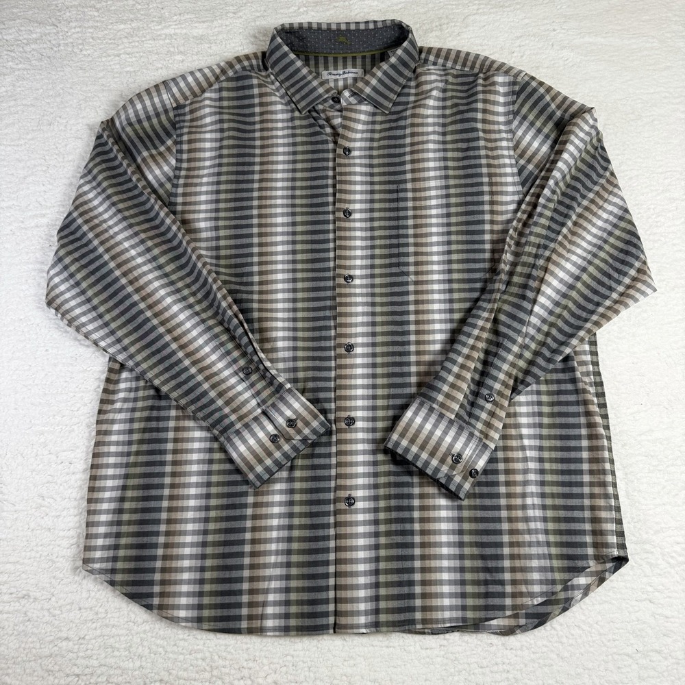 Tommy Bahama Shirt Mens XLT Gray Plaid Long Sleeve Button Up Tall Marlin